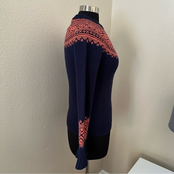 J. Crew Fair Isle Nordic Ruffle Sleeve Orange Navy Merino Wool Sweater Size XS - Picture 7 of 12